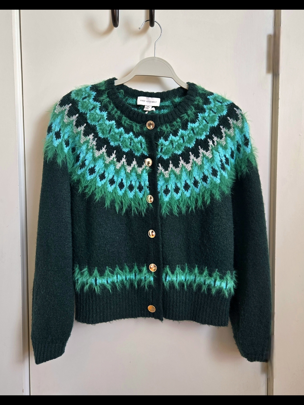 New Eco-Friendly Hunter Green Fair Isle Fringe Yoke Crop Cardigan Sweater